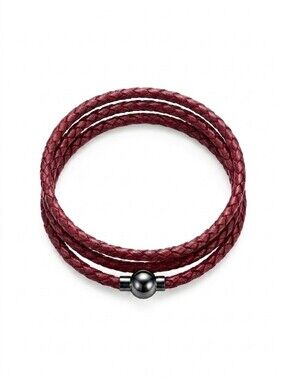 Linx Triple Wrap Burgundy Leather Braided Bracelet with Black Magnetic Clasp